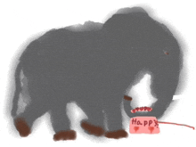 a drawing of an elephant with a happy cake in its mouth