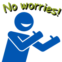 a blue stick figure with the words " no worries " written on it