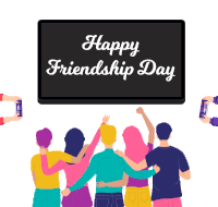 a group of people hugging each other in front of a sign that says happy friendship day