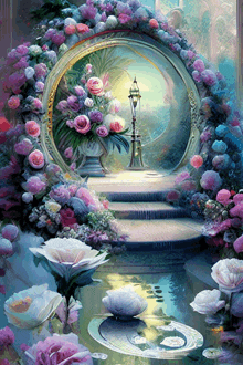 a painting of a mirror surrounded by purple flowers