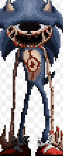 a pixel art of sonic the hedgehog with horns and a skull on his chest .