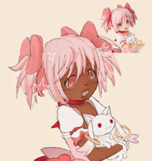 a drawing of a girl with pink hair and red eyes