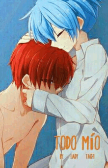 a blue haired anime girl is hugging a red haired anime boy