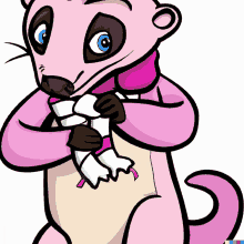 a cartoon drawing of a pink opossum wearing a scarf