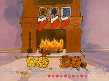 a cartoon of garfield sitting in front of a fireplace with stockings on it