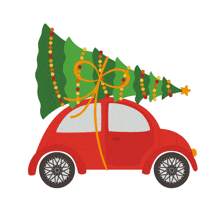 a red car is carrying a christmas tree on top of it