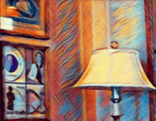 a painting of a lamp in front of a wall with a picture of a man on it