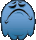 a pixel art of a blue monster with a sad face on a white background .