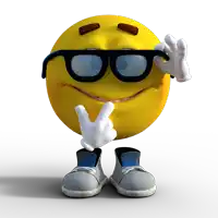 a yellow smiley face wearing glasses is giving the peace sign