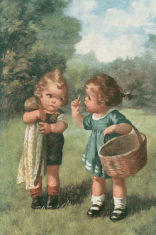 a boy and a girl are standing in a grassy field