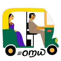 a cartoon drawing of a man and woman riding a rickshaw with the word omw written on the bottom