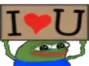 a green frog is holding a sign that says `` i love you '' .