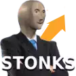 a man in a suit and tie is standing with his arms crossed in front of an arrow and the word stonks .