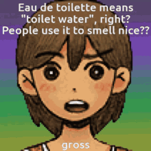 a pixel art of a girl with the words " eau de toilette means " toilet water " right ? people use it to smell nice "