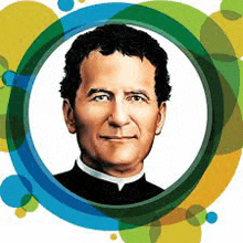 a portrait of a priest in a circle on a white background surrounded by colorful circles .