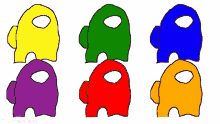 six different colored among us characters are lined up in a row