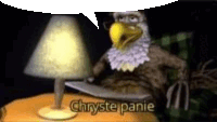 a bald eagle is sitting at a table with a lamp and a speech bubble .