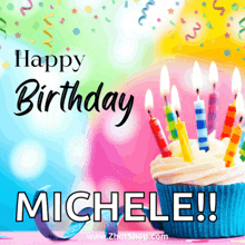 a birthday card for michele with a cupcake with candles on it