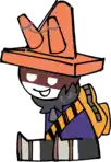 a cartoon character wearing a cone hat and a backpack is sitting down .