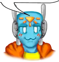 a cartoon drawing of a blue robot with a speech bubble above his head