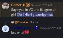 a screenshot of a conversation between comet and hiori glazergenius