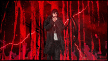 a man in a trench coat stands in front of a red background with a parental advisory sticker on it