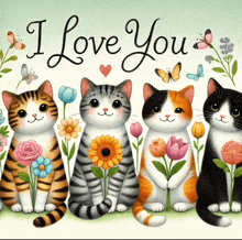 a group of cats sitting in front of flowers with the words " i love you " written above them