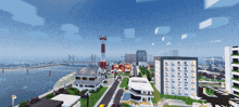 an aerial view of a city in minecraft with a red and white tower in the middle