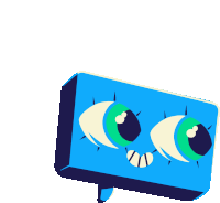 a cartoon drawing of a blue block with big eyes and a mouth