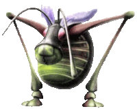 a cartoon drawing of a grasshopper with a purple wing