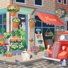 an illustration of a flower shop with a red car parked in front