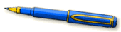 a blue pen with a yellow stripe on the end