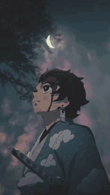 a boy in a blue kimono is holding a sword and looking up at the moon