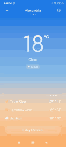 a phone screen shows the temperature in alexandria as 18 degrees celsius