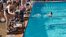 a group of female swimmers are getting ready to jump into a swimming pool