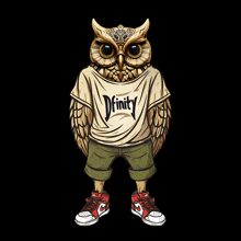 an owl wearing a shirt that says " dfinity "