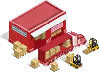 an isometric illustration of a warehouse with a truck loaded with boxes and pallets