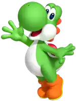 a green yoshi from super mario bros is waving his hand