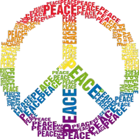 a peace sign is surrounded by the word peace in different colors