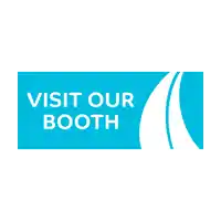 a blue sign that says " visit our booth " on it