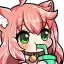 a cartoon girl with pink hair and green eyes is drinking from a green cup .