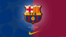 a logo for the fcb champions league is on a red and blue background