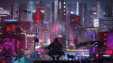 a futuristic city with a cat and a man with a gun in the foreground