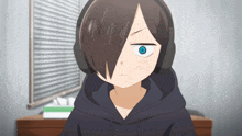 a cartoon character wearing headphones and a black hoodie has a blue eye