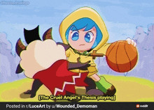 a cartoon of a girl holding a basketball with the words the cruel angel 's thesis playing