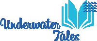 a logo for underwater tales with a book and waves on it