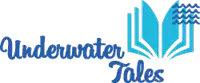 a logo for underwater tales with a book and waves on it