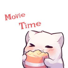 a cat is holding a cup of popcorn with the words movie time below it