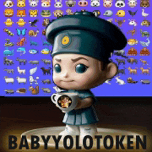 a baby holding a cup of coffee in front of a screen that says babyyotoken