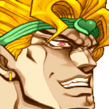 a pixel art drawing of dio from jojo 's bizarre adventure wearing a yellow and green hat .